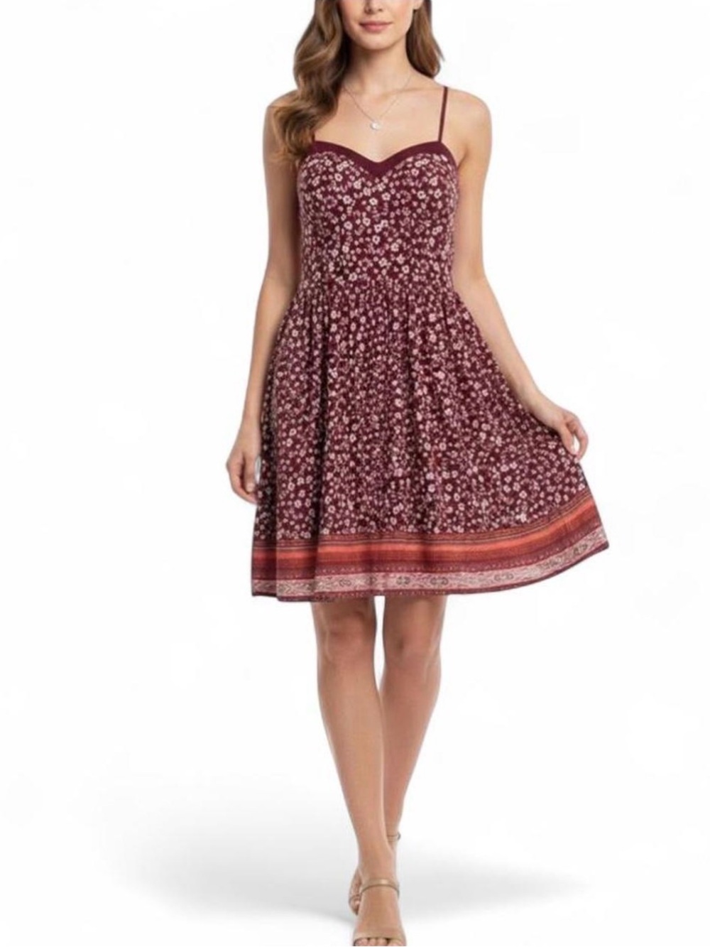 Xhilaration Burgundy Floral Spaghetti Strap Dress with Border Hem